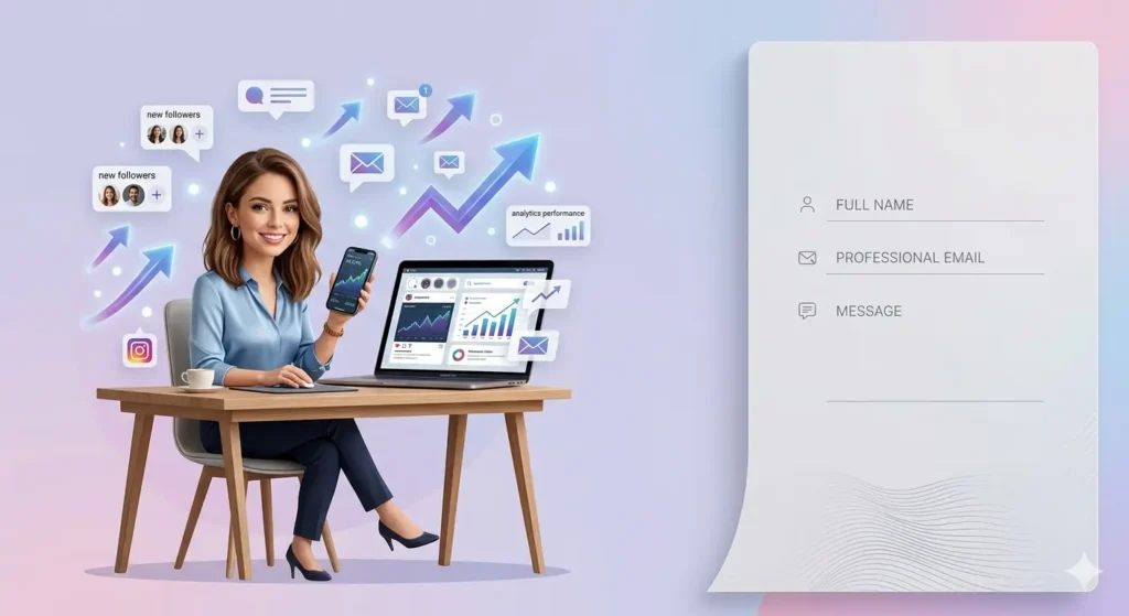 A high-quality professional illustration for a digital agency contact page. A smiling, professional woman sits at a modern desk with a laptop and smartphone showing Instagram analytics. Floating neon 3D icons of growth arrows, likes, and messages surround her. The right side features a clean, stylized contact form placeholder against a soft purple and pink gradient background.